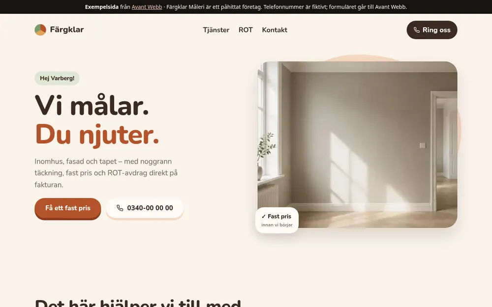 Skärmbild av exempelsidan för Färgklar Måleri